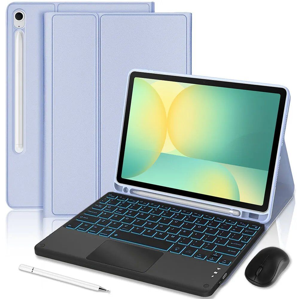 E.F.Connection Samsung Galaxy Tab S10 FE / S9 FE Synthetic Leather Case with Backlit Keyboard + Mouse + Stylus - Lavande
