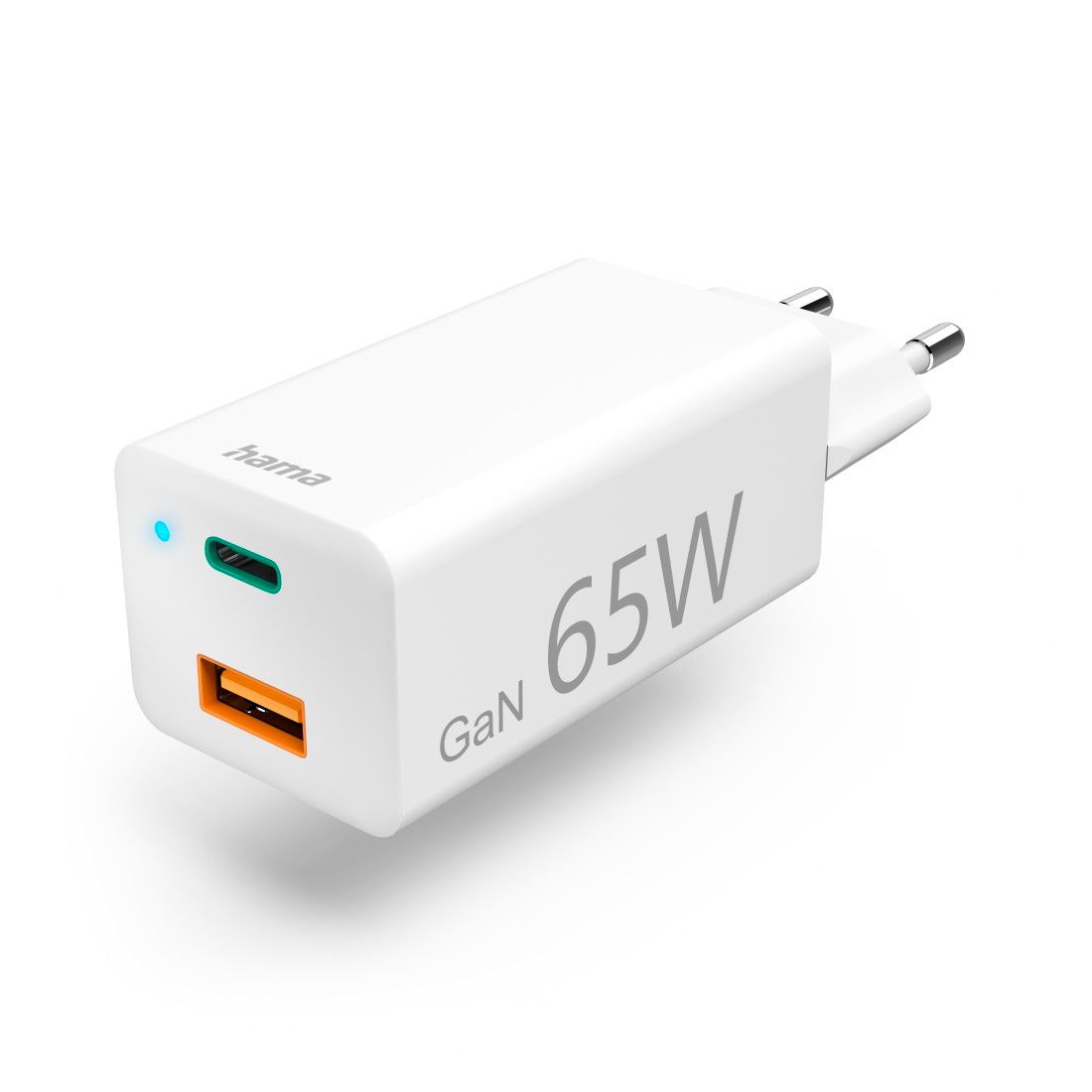 Hama Fast Charging GaN Charger, Mini USB-C PD and USB-A QC Power Bank, 65W, White