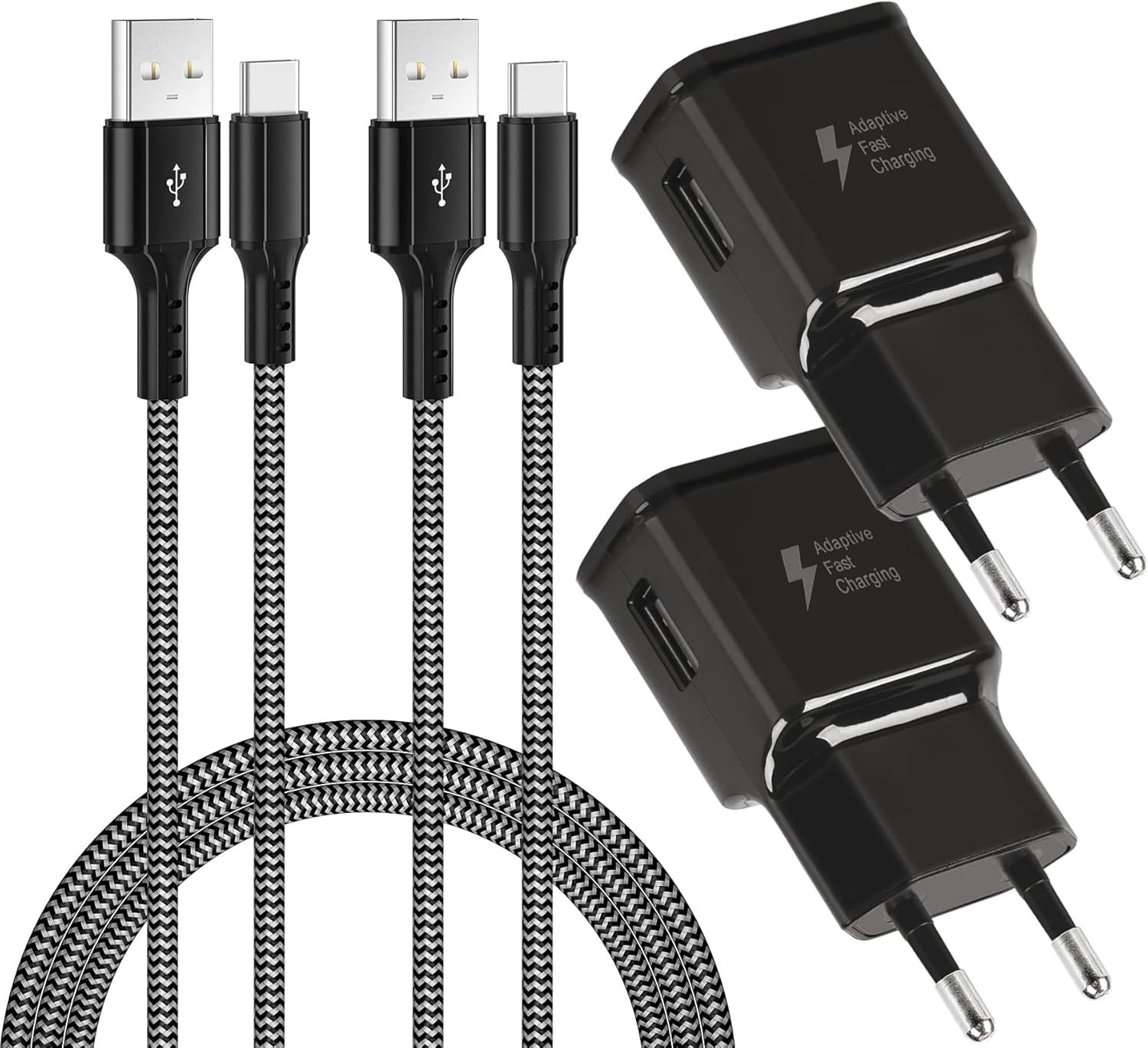 Cargador rápido Subzonal y cable USB tipo C de 2m (nylon) - Compatible con Samsung Galaxy S, Note, Xiaomi, Huawei, LG, HTC...
