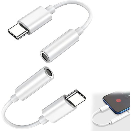 Subzonal USB-C to 3.5mm Jack Adapter Set, 2 White Cables with Line Control and Call Functionality for High Fidelity Music and Calls on Smartphone