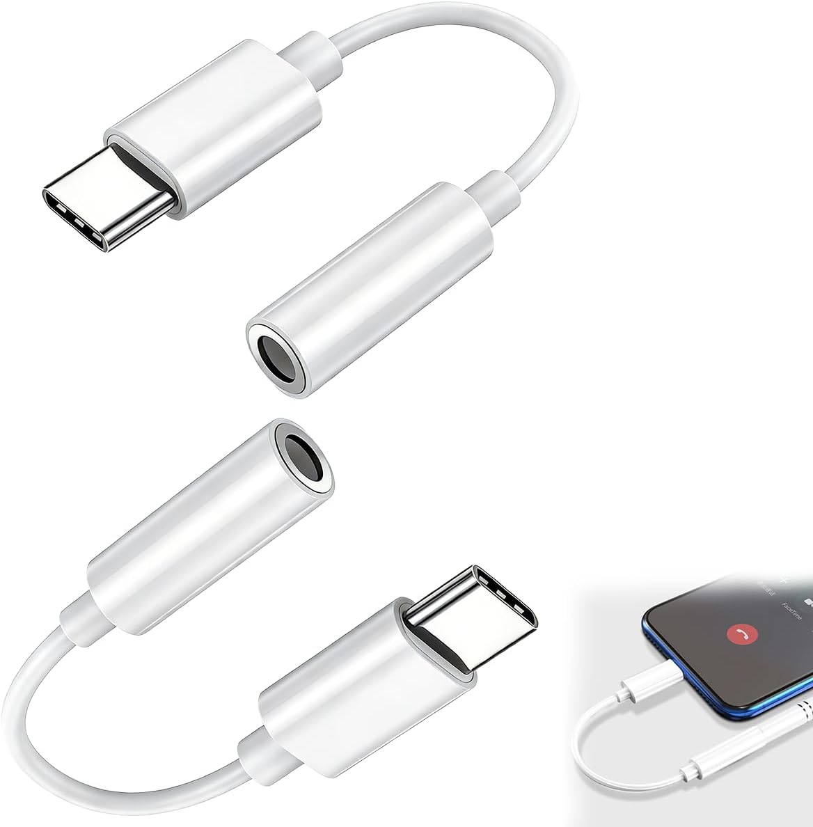 Adaptateur USB-C vers jack 3,5 mm Subzonal, lot de 2 câbles blancs avec contrôle ligne et fonctionnalité d'appel pour une haute fidélité musicale et des appels sur smartphone
