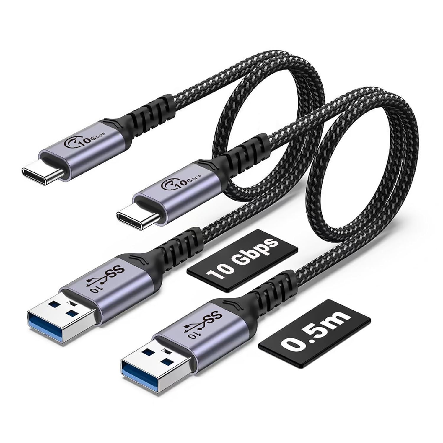 Subzonal USB-C to USB A Cable 50CM (2 Pack) - 10Gbps, 3A Fast Charging, Compatible with Samsung, iPad, GoPro