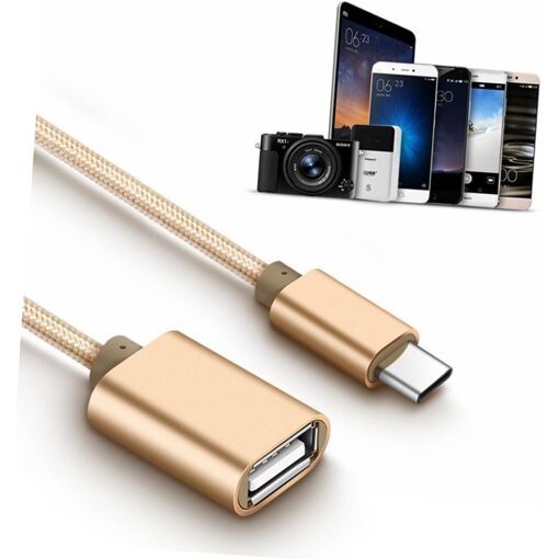 Type-C to USB 2.0 Adapter, Gold, Braided Nylon Cable, Aluminum Connector, Superspeed OTG Transfer for Smartphones, Tablets and Laptops
