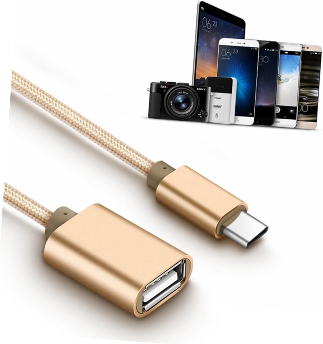 Adaptador Type-C a USB 2.0, Dorado, Cable de Nylon Trenzado, Conector de Aleación de Aluminio, Transferencia Superspeed OTG para Teléfonos Inteligentes, Tabletas y Laptops