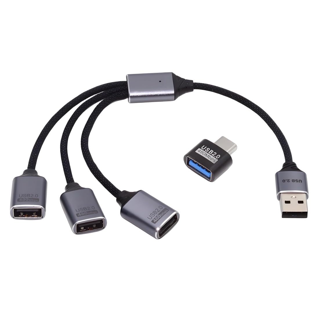 Câble répartiteur Subzonal USB 2.0 3 en 1, connecteur Type-C réversible avec alimentation et compatibilité OTG pour téléphone, tablette et ordinateur portable