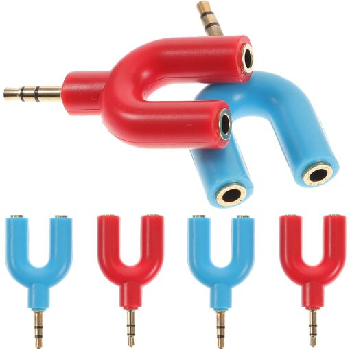 Audio Splitter - 6 Pack, 3.5mm U-Shape Adapter for Stereo Headphones, 1 to 2 Jack Split for PC & Smartphone, Red and Blue