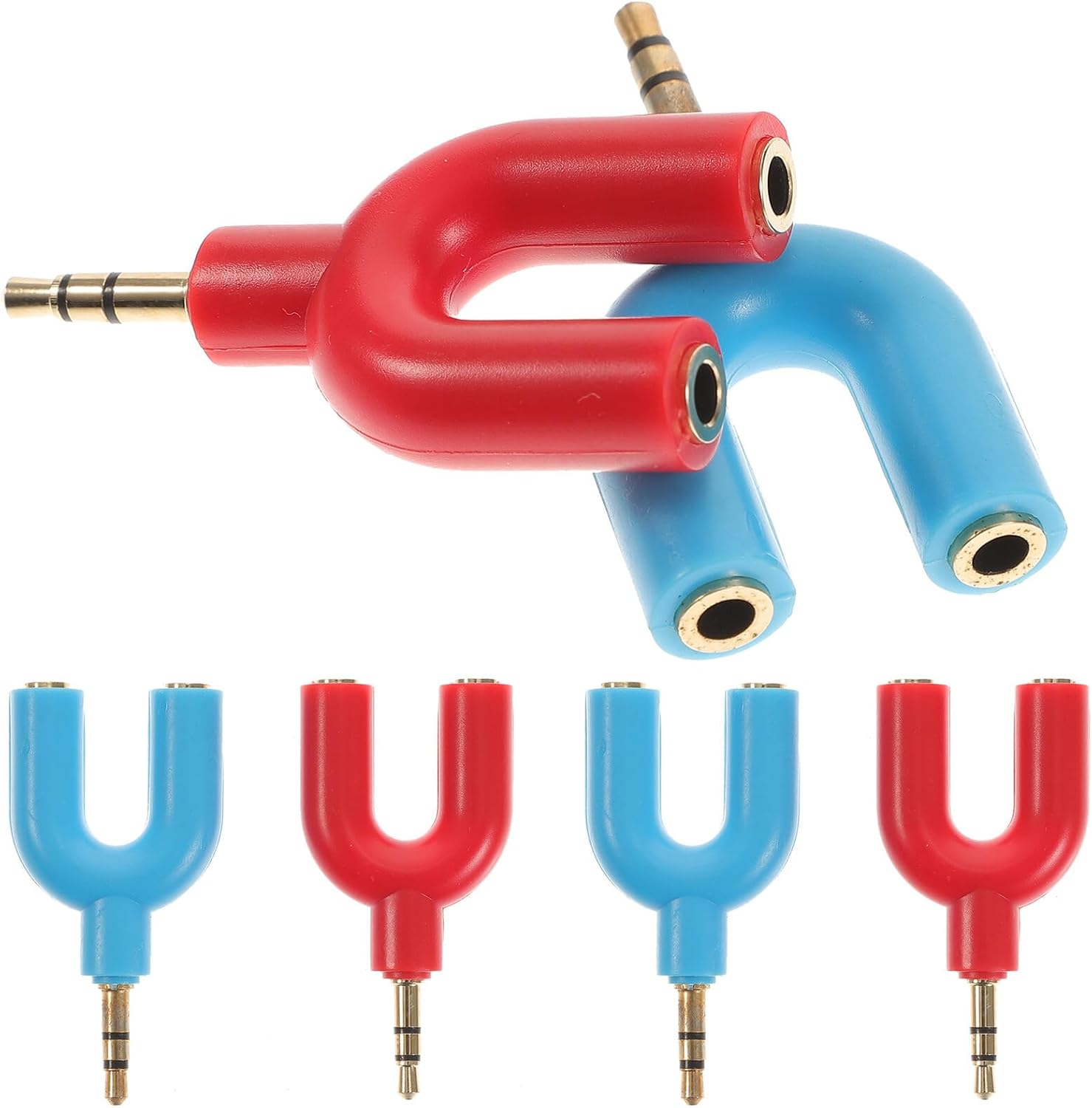 Audio Splitter - 6 Pack, 3.5mm U-Shape Adapter for Stereo Headphones, 1 to 2 Jack Split for PC & Smartphone, Red and Blue
