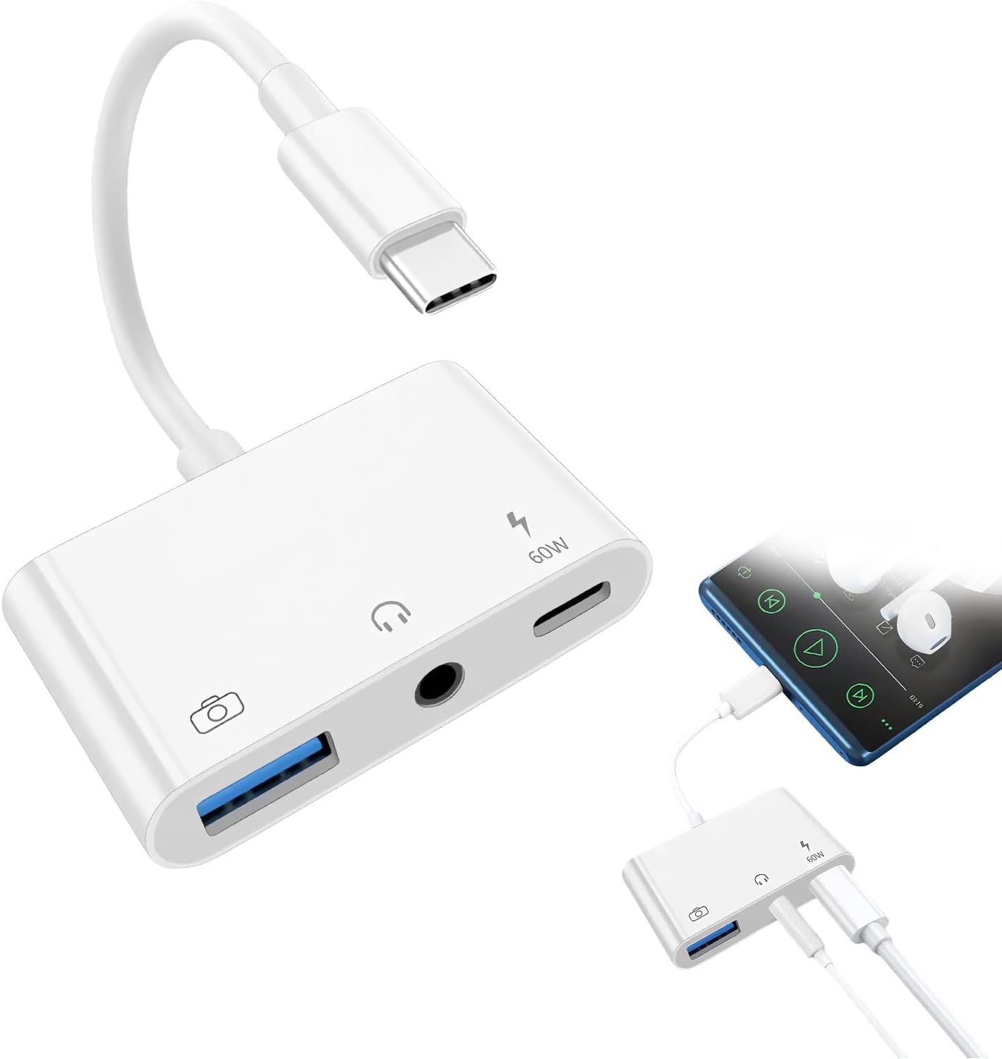 Subzonal 3-in-1 USB-C Adapter with 3.5mm Jack, USB 3.0 and Fast Charging 60W, Compatible with iPhone 16 Pro Max/15/Pad, Galaxy, Offer Universal Connectivity and Efficient Charging