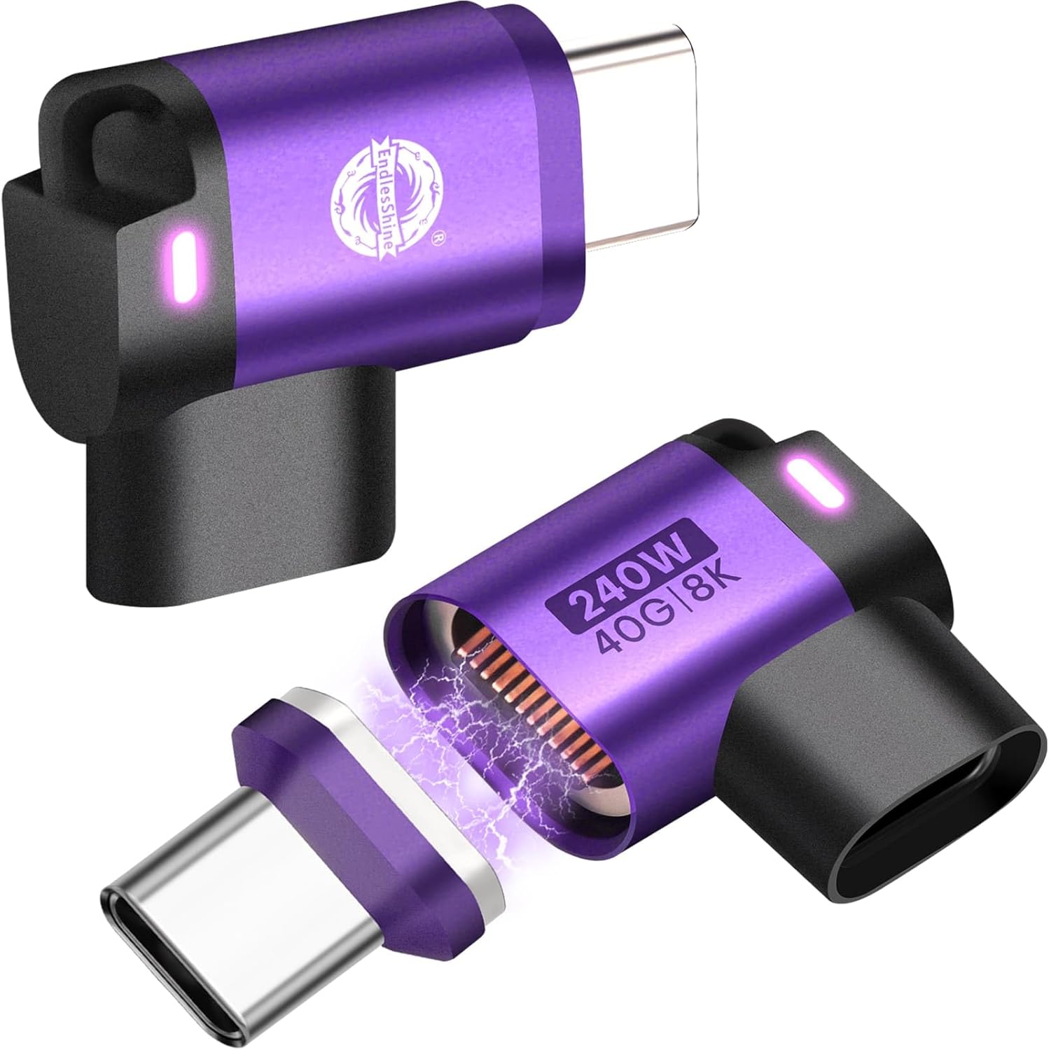 Adaptateur magnétique USB-C - 90 degrés, 16 broches, PD 240 W, pour téléphone OTG et connecteurs Type-C (violet)