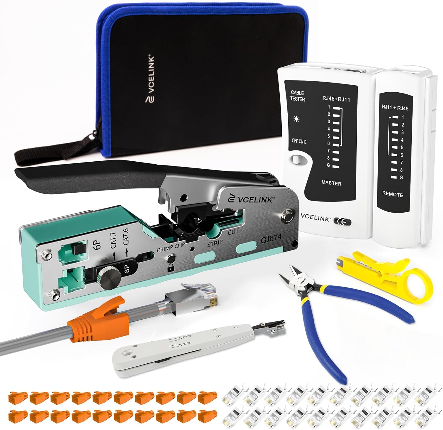 SUBZONAL Professional Network Installation Kit, RJ45 Crimping Pince with 20 RJ45 Cat7/Cat6a Pass Through Connectors, RJ45 Tester, Cutting Pince, LSA Mounting Tool, Mini Stripper
