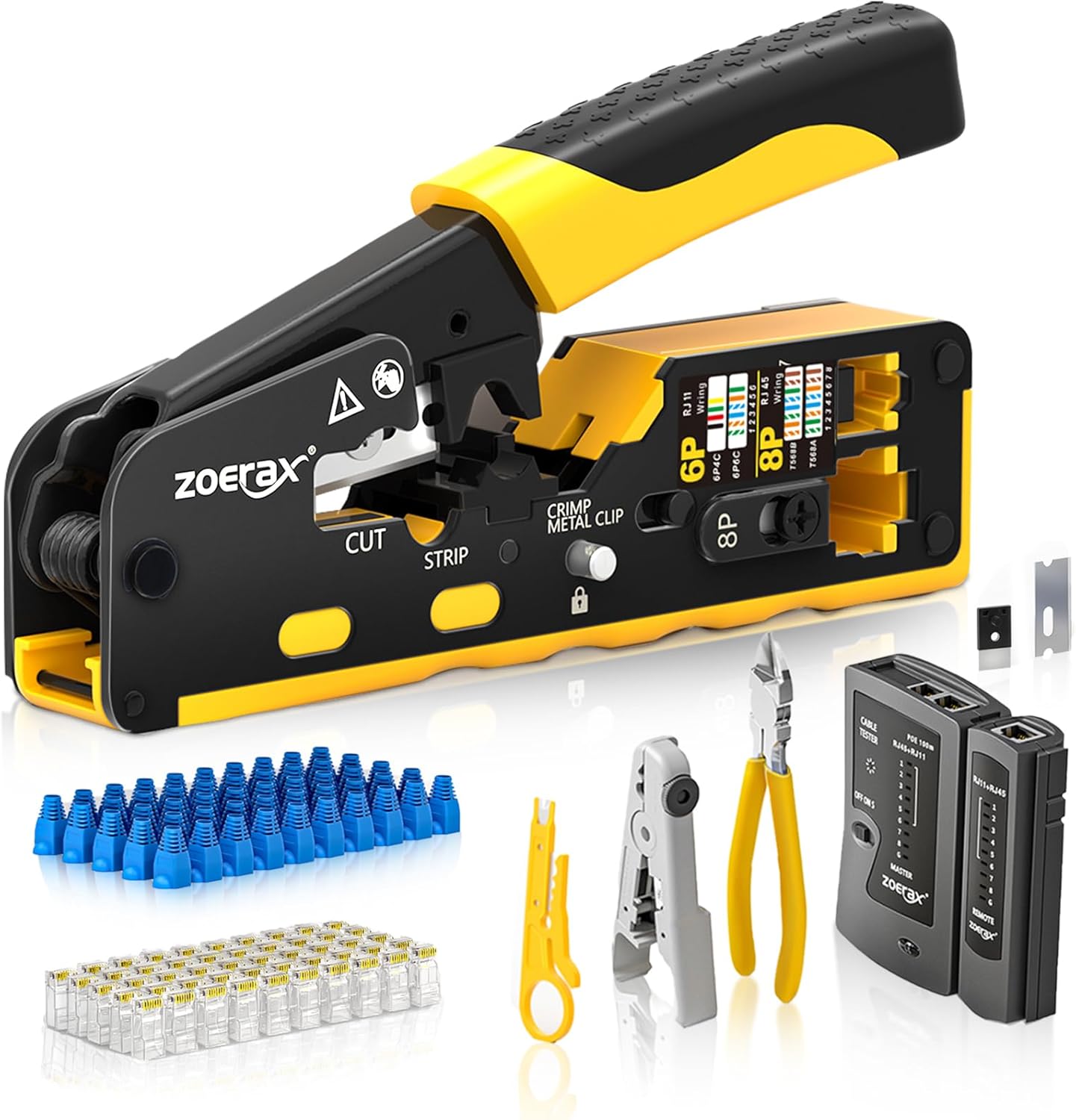Subzonal Cat7 RJ45 Crimping Tool Kit, Network Cable Tester, Stripper, Crimper, 50 Cat6 Connectors, Anti-Pull Boots