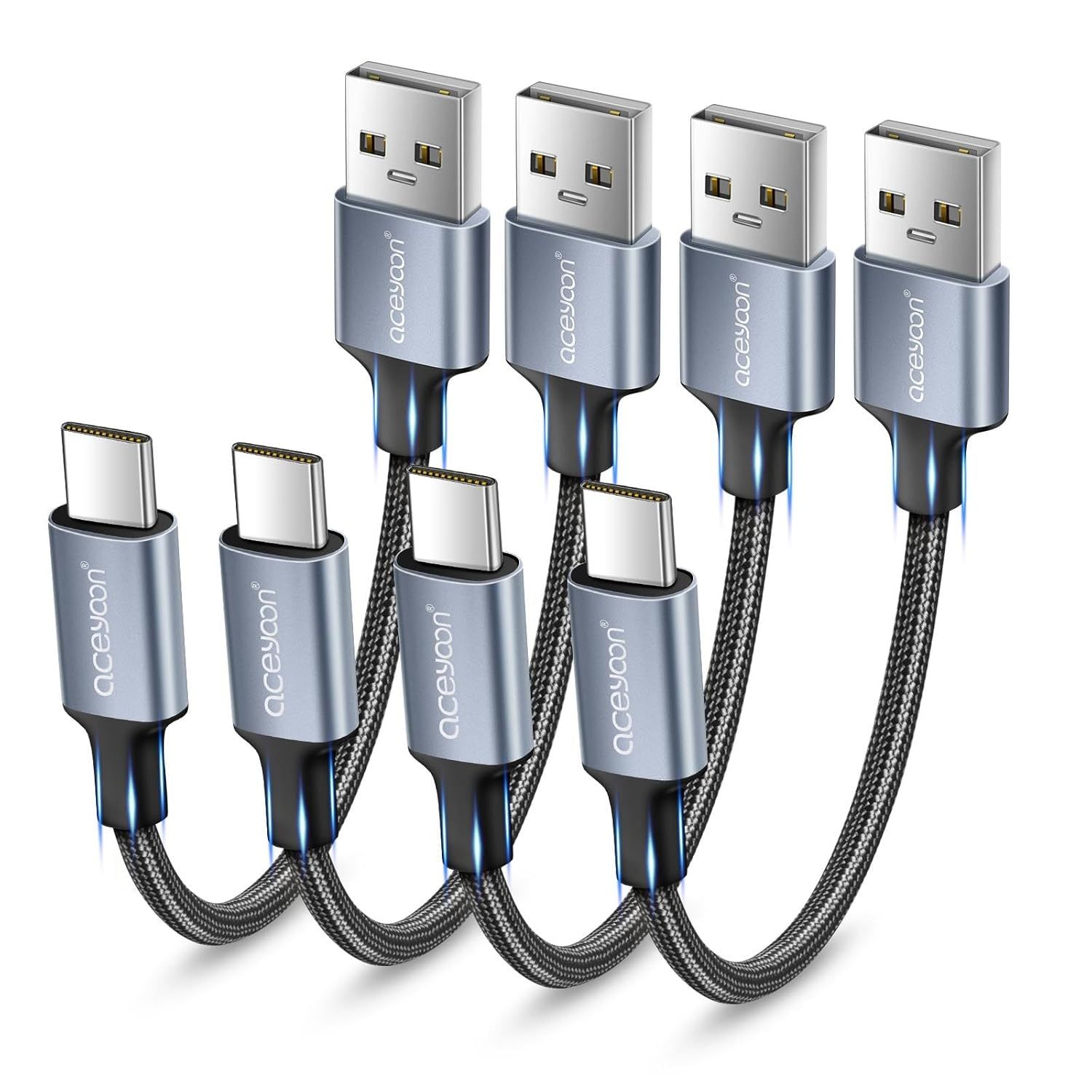 Câble USB-C 20 cm (lot de 4) - Chargement rapide 3A, tressé en nylon, compatible avec Samsung S24/S23, Huawei P60 et plus