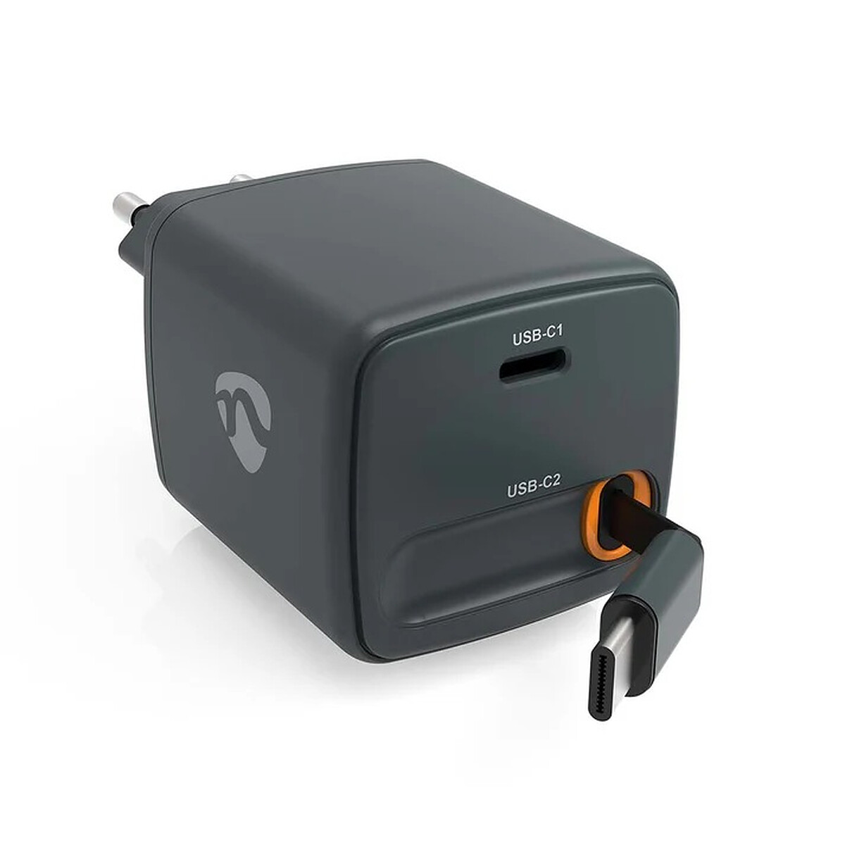 Chargeur mural Nedis 65W 2 ports USB-C avec 1 câble rétractable - GaN - PD 3.0 (Noir)