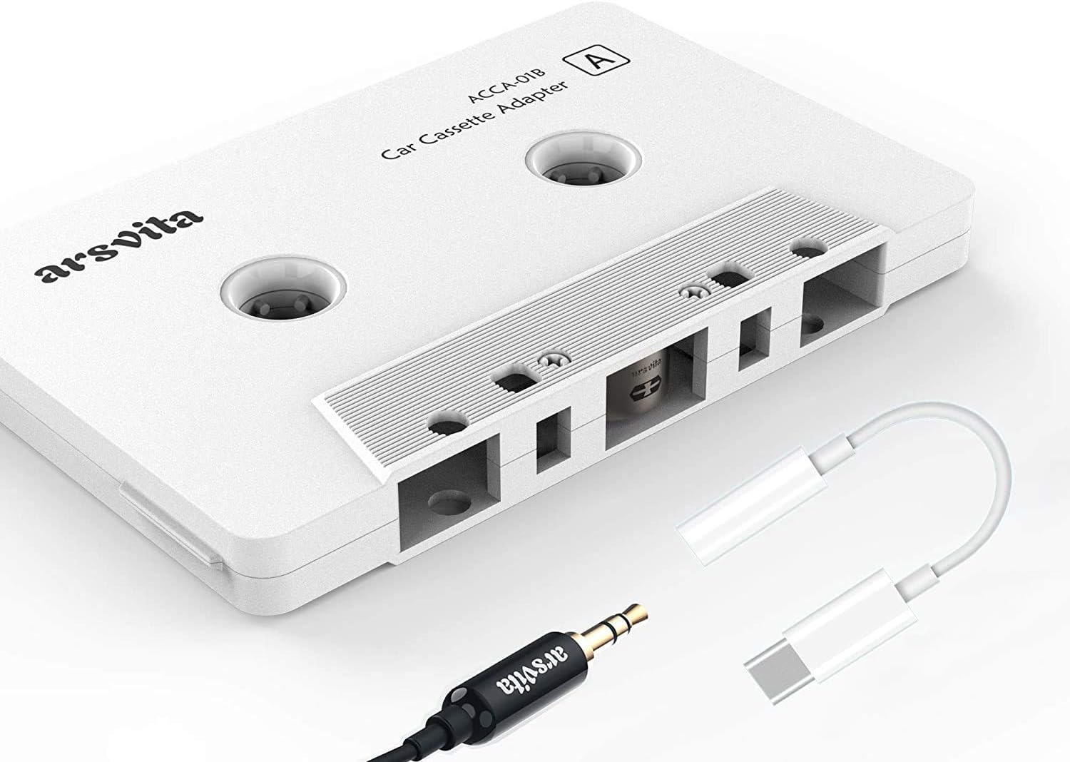 Arsvita Audio Cassette Adapter for Car and Type C to 3.5mm Jack, For Xiaomi, Huawei and All Devices with Type C Port - White
