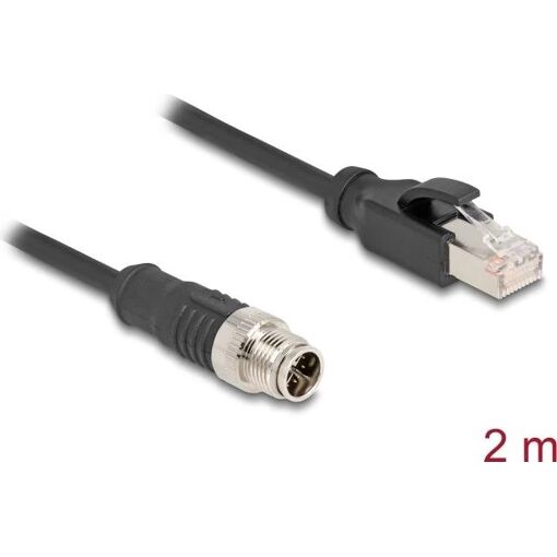 Cable de red Delock - 8 pines M12-X a RJ-45 - 2 m, 6 mm, blindado CAT5e, Negro (80867)