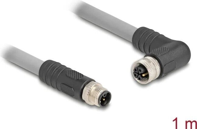 Delock M12 Sensor Cable - 5-Pin, Straight Male to Right-Angle Female, L-Coded, 16A, 1m, Silicone-Free, Grey (80542)
