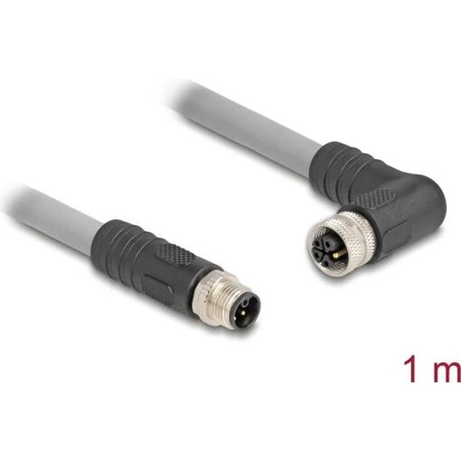 Delock M12 Sensor Cable - 5-Pin, Straight Male to Right-Angle Female, L-Coded, 16A, 1m, Silicone-Free, Grey (80542)