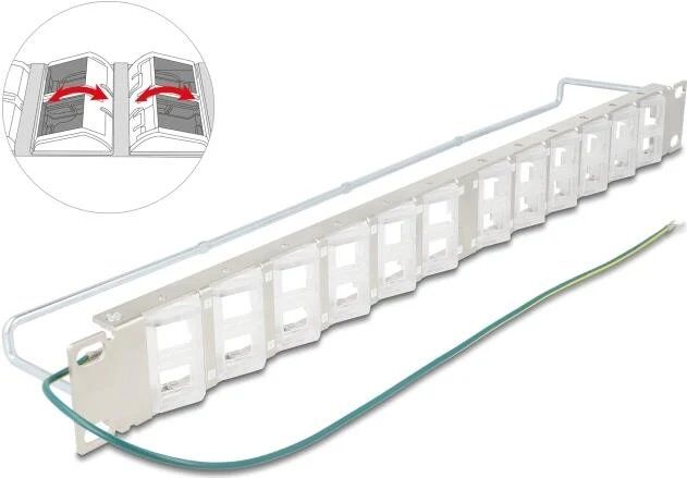 Panel de parcheo Delock de 19 pulgadas con 24 puertos ajustables y riel de alivio de tensión (67066)