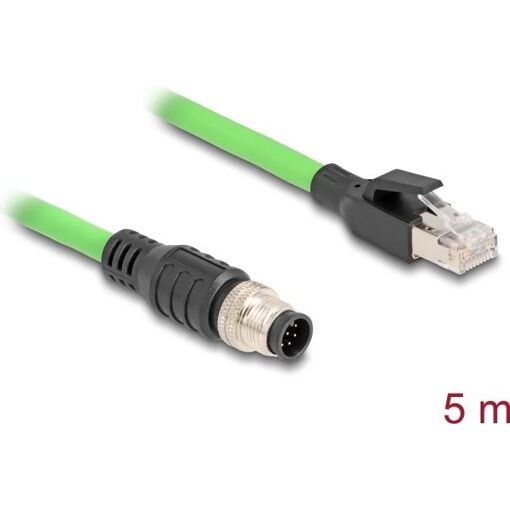 Cable de red Delock - 8 pines M12 (M) a RJ-45 (M) - 5 m - 6,8 mm - SF/UTP - Códificado A, sin gancho - Verde
