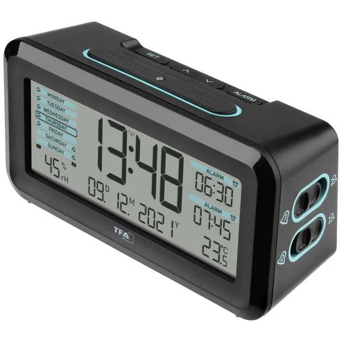 TFA Dostmann Radio-Controlled Alarm Clock, Black with Light Blue Display, 2 Alarms