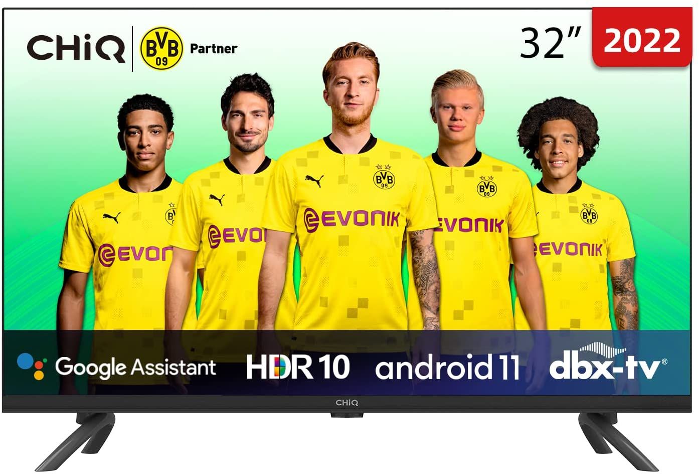 CHiQ 32-inch Android TV, Direct-lit LED, HDR10, DBX-TV, Quad-Core CPU, 2.4/5G Wi-Fi, Bluetooth 5.0, Google Assistant