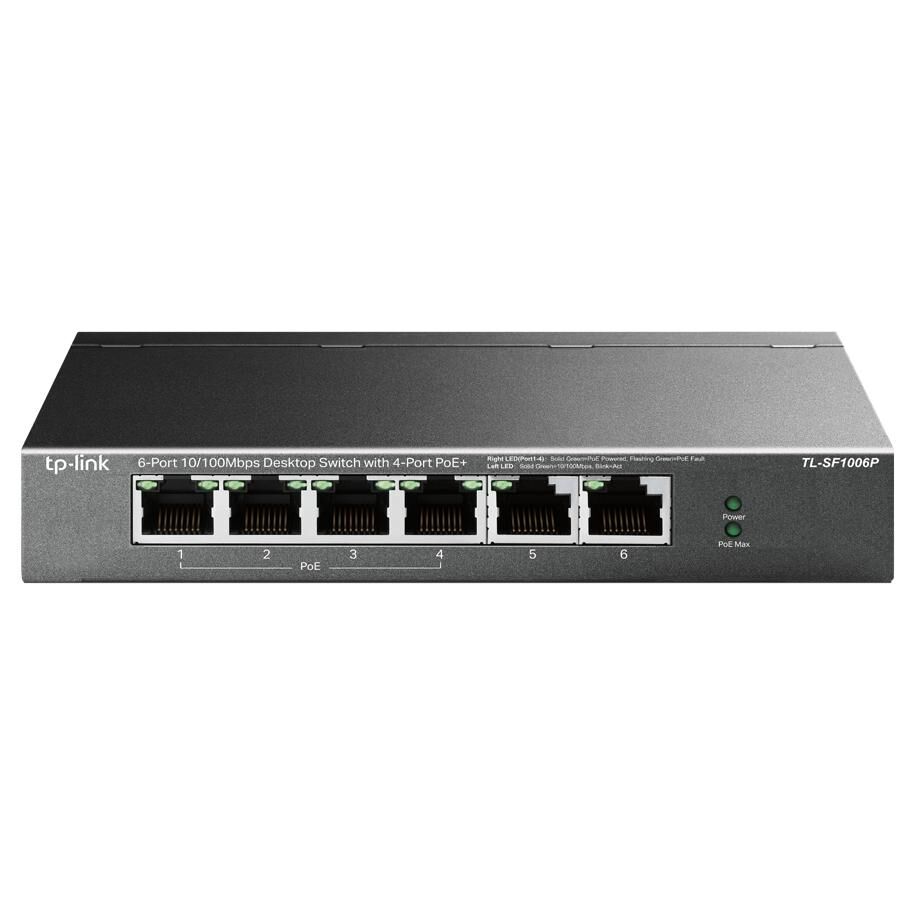 Switch de red TP-Link TL-SF1006P Ethernet rápido (10/100) con alimentación a través del puerto (PoE), Negro