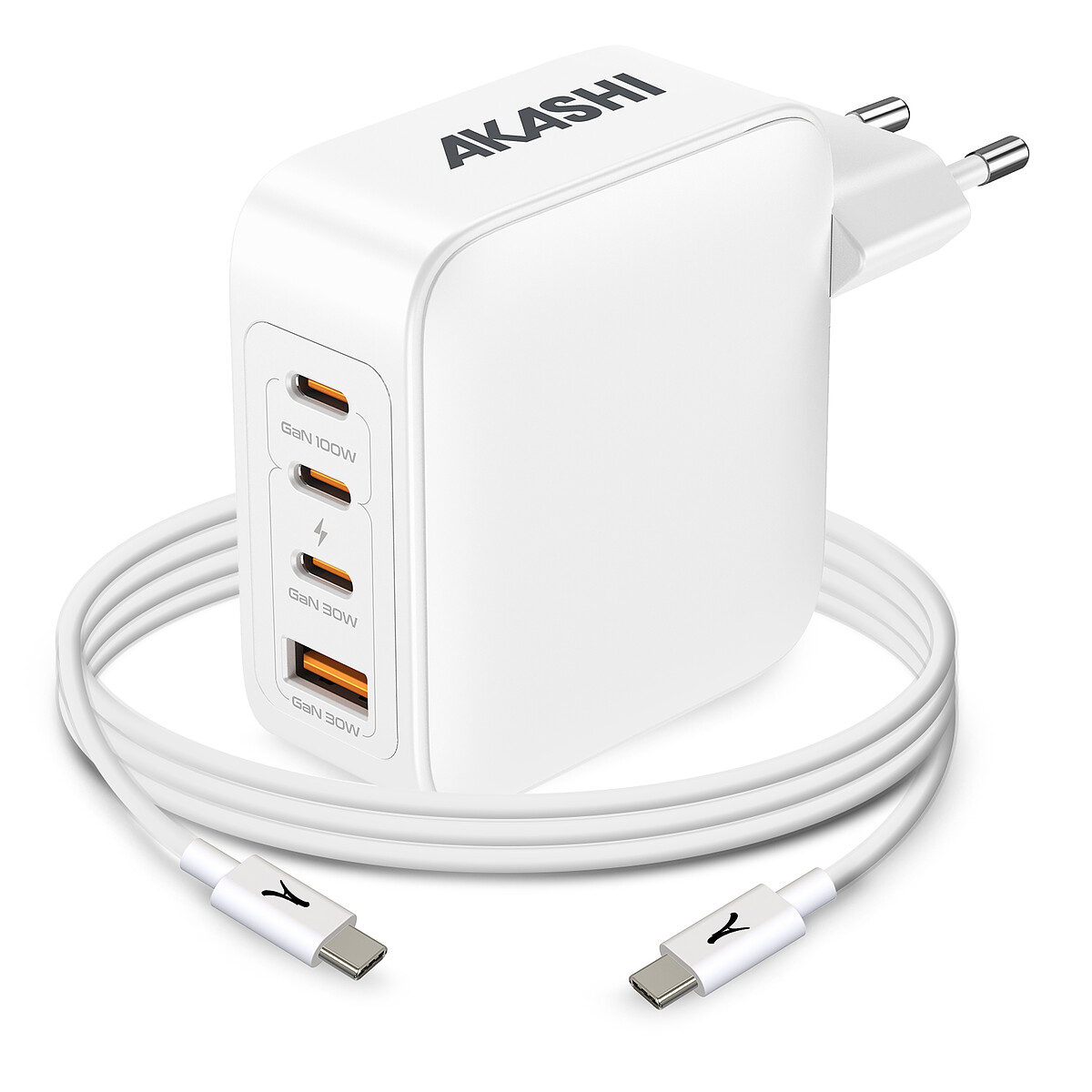 Akashi Pack Chargeur Secteur GaN 100W Intelligent USB-C x3 + USB-A + Cable USB-C 100W 1.5M