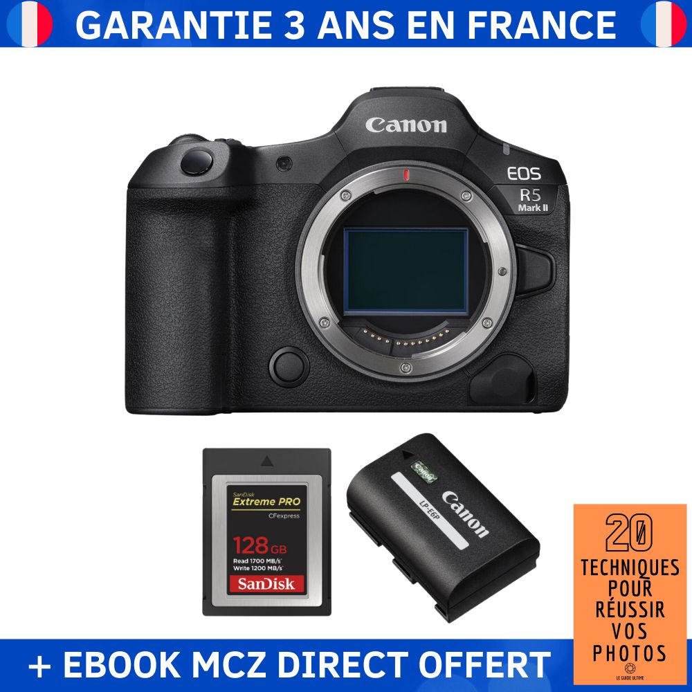 Canon EOS R5 Mark II + 2x SanDisk 128GB Extreme PRO CFexpress Type B + 1 Canon LP-E6P + Ebook '20 Techniques pour Réussir vos Photos' - Hybrid Camera