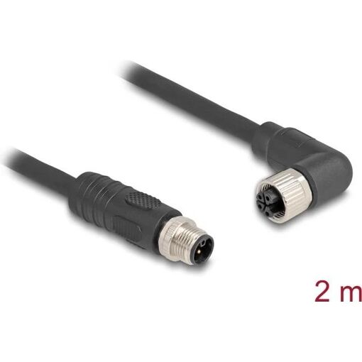 Delock M12 (4-pin) Power Cable, Straight to Right Angle, 12A, 2m, Halogen & Silicone Free, Black (80524)