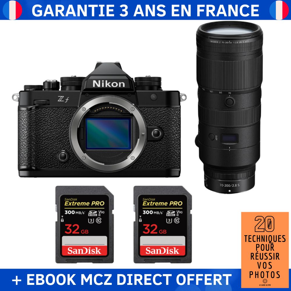 Nikon Zf + 70-200mm f/2.8 VR S Lens + 2 SanDisk 32GB Extreme PRO UHS-II SDXC Cards + Ebook - Hybrid Camera