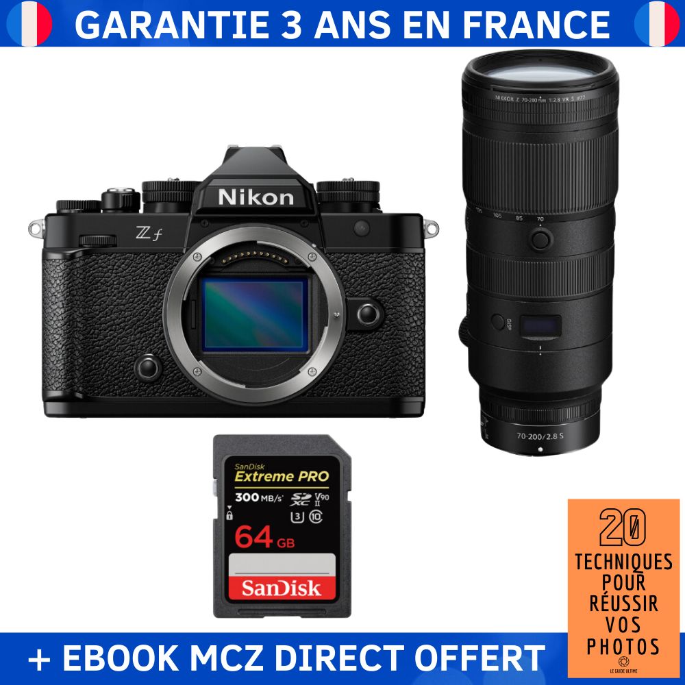 Nikon Zf + 70-200mm f/2.8 VR S Lens + 1 SanDisk 64GB Extreme PRO UHS-II SDXC Card + '20 Techniques pour Réussir vos Photos' Ebook - Hybrid Camera