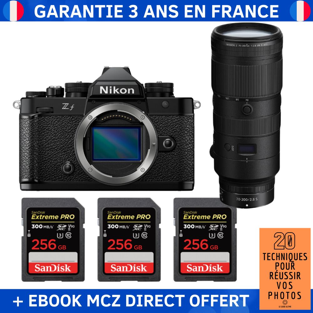 Nikon Zf + 70-200mm f/2.8 VR S Lens + 3 SanDisk 256GB Extreme PRO UHS-II SDXC Cards + Ebook - Hybrid Camera