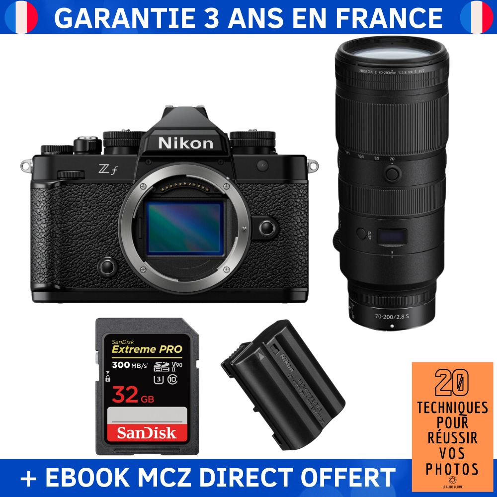 Nikon Zf + 70-200mm f/2.8 VR S Lens + 1 SanDisk 32GB Extreme PRO UHS-II SDXC Card + 1 Nikon EN-EL15C + Ebook - Hybrid Camera