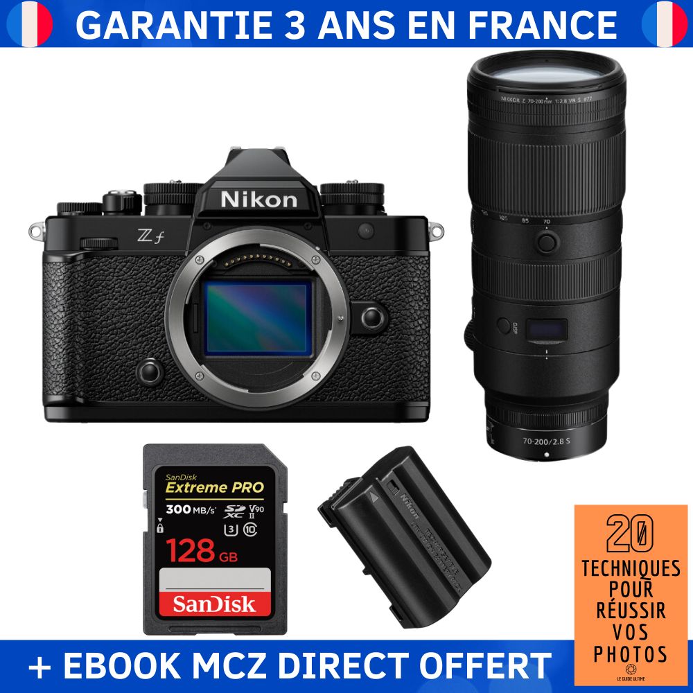 Nikon Zf + 70-200mm f/2.8 VR S Lens + 1 SanDisk 128GB Extreme PRO UHS-II SDXC Card + 1 Nikon EN-EL15C Battery + '20 Techniques pour Réussir vos Photos' Ebook - Hybrid Camera