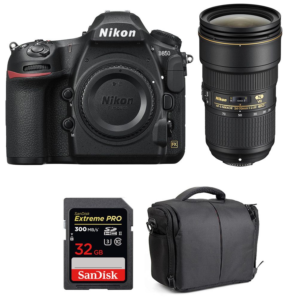 Nikon D850 + 24-70mm f/2.8E ED VR + SanDisk 32GB Extreme PRO UHS-II SDXC Card + 2-Year Warranty Bag