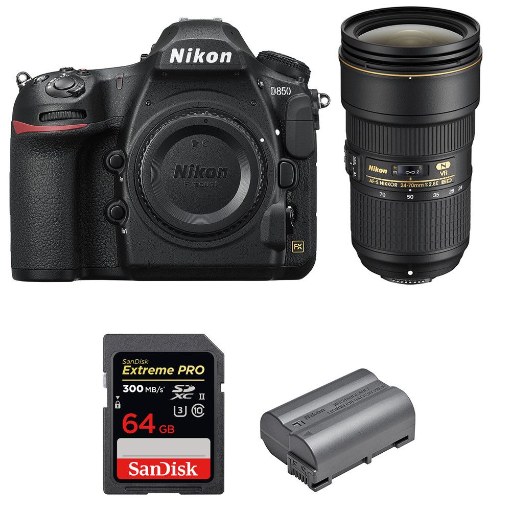Nikon D850 45.7M Pixel FX Camera + 24-70mm f/2.8E ED VR + SanDisk 64GB Extreme PRO UHS-II SDXC 300MB/s + EN-EL15b (2-Year Warranty)