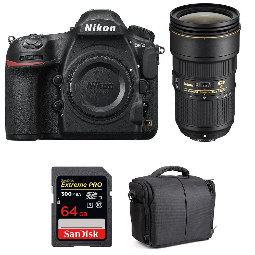 Nikon D850 + 24-70mm f/2.8E ED VR + SanDisk 64GB Extreme PRO UHS-II SDXC 300MB/s + 2-Year Warranty Bag