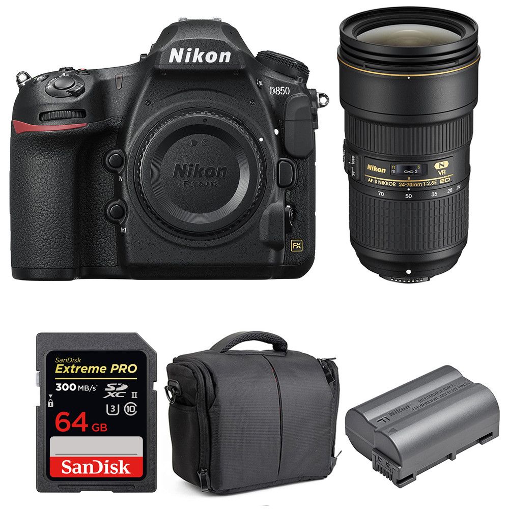 Nikon D850 + 24-70mm f/2.8E ED VR + SanDisk 64GB Extreme PRO UHS-II SDXC 300MB/s + EN-EL15b + 2-Year Warranty Bag