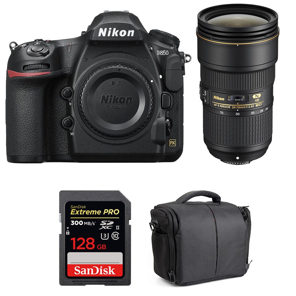 Nikon D850 + 24-70mm f/2.8E ED VR Lens + 128GB SanDisk Extreme PRO SDXC Card + 2-Year Warranty Bag