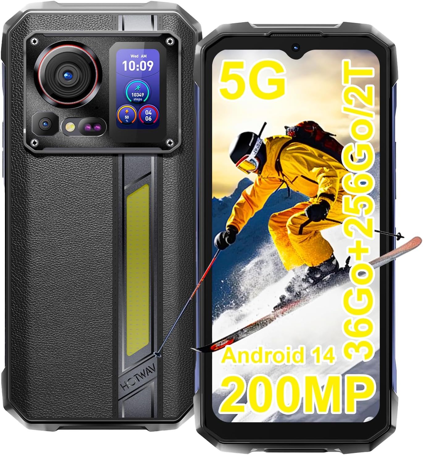 Hotwav Hyper 7 Pro 5G Tough Phone - 36Go+256Go/TF 2To Android 14 Smartphone, 200MP+32MP Camera, 10800mAh/33W, 6.6" FHD+ Tough Phone, Dual SIM, NFC, Face ID, OTG, GPS, Black
