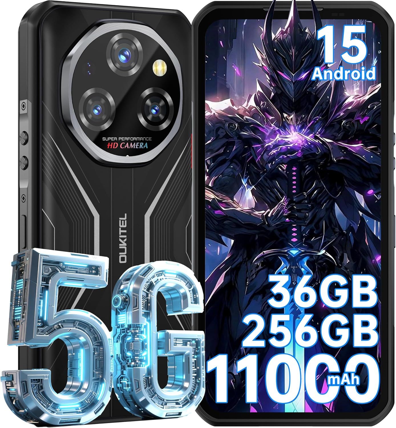 OUKITEL WP55 5G Phone - Unbreakable Android 15 Smartphone with 6.6'' FHD+ 120Hz Display, 108MP+32MP Dual Cam, 11000mAh Battery, 36Go RAM, 256Go ROM, IP68/MIL-STD-810H