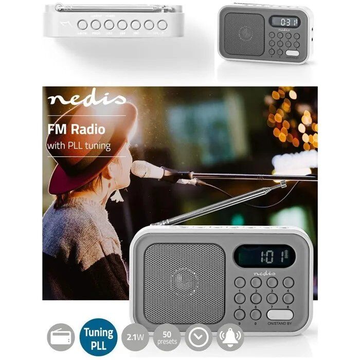Nedis Portable FM Radio with Alarm Clock, Gray-White, Rechargeable