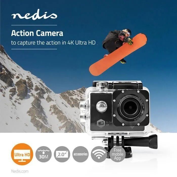 Nedis HERO 4K Action Camera 12MP Waterproof 30m 90min Wi-Fi Android/iOS Mounts Included Black