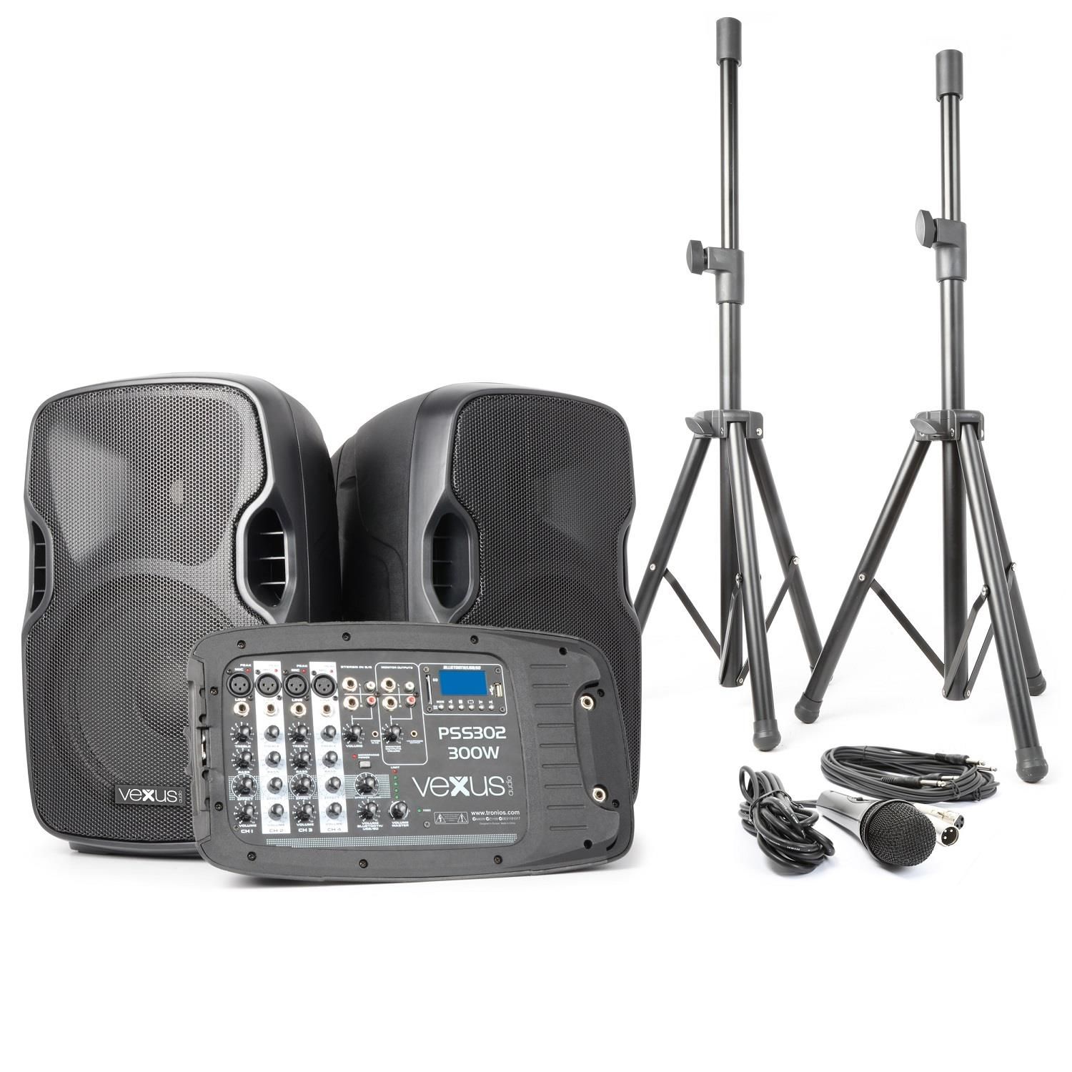 Sistema de sonido móvil Vexus PSS302 Bluetooth USB SD MP3 2 tripodes plegables 300W