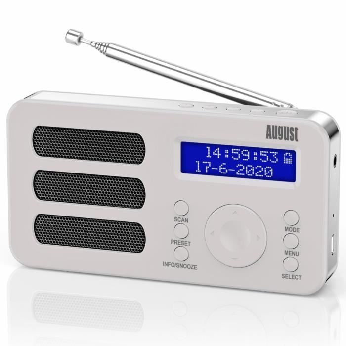 Radio portátil recargable August MB225 FM DAB+ - Radio digital blanca con batería y jack de 3,5 mm