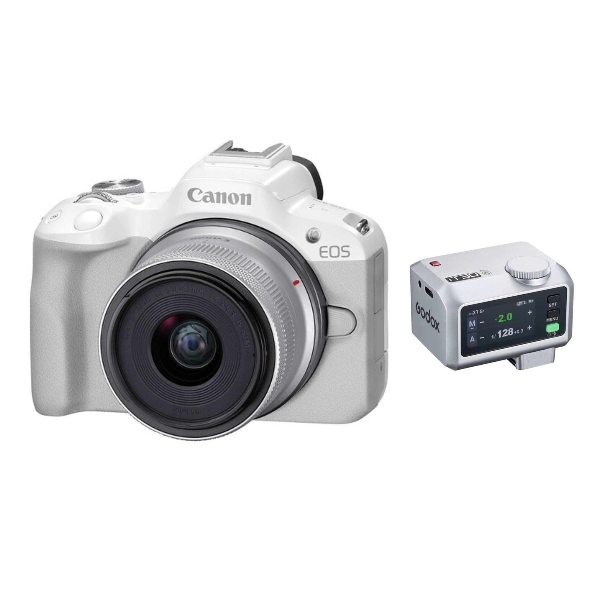 Canon EOS R50 with 18-45mm Lens (White) + Godox iFlash iT30Pro TTL Flash