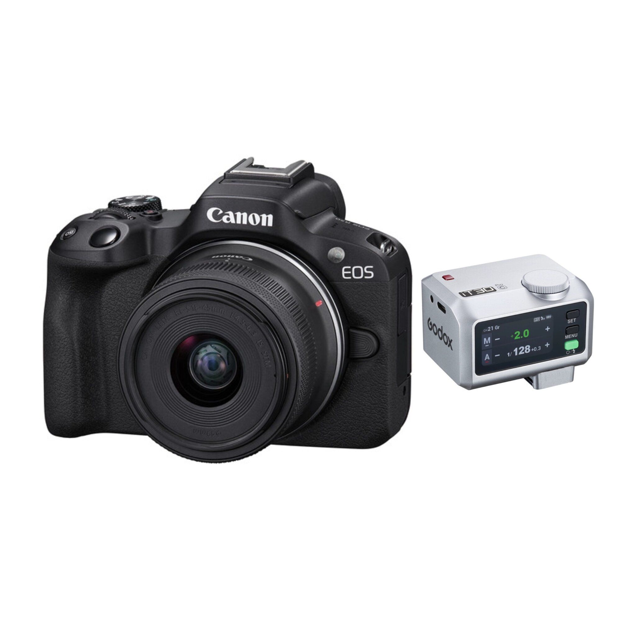 Canon EOS R50 Camera with 18-45mm Lens (Black) + Godox iFlash iT30Pro Flash