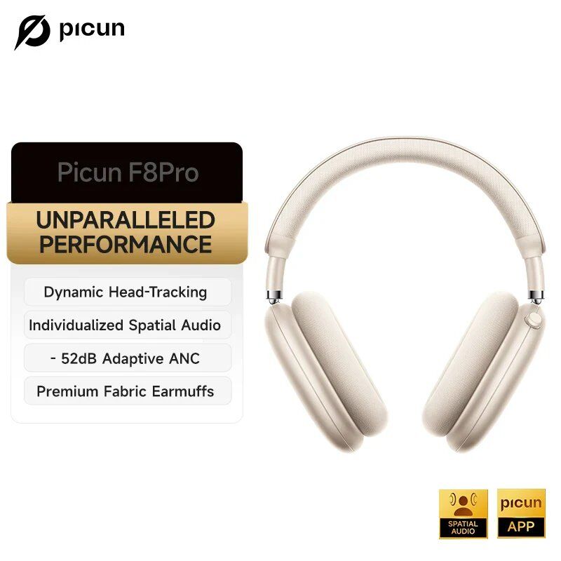 Soundswealth Picun F8 Pro ANC Wireless Headphones - 3D Spatial Audio & ANC -52 dB - Beige