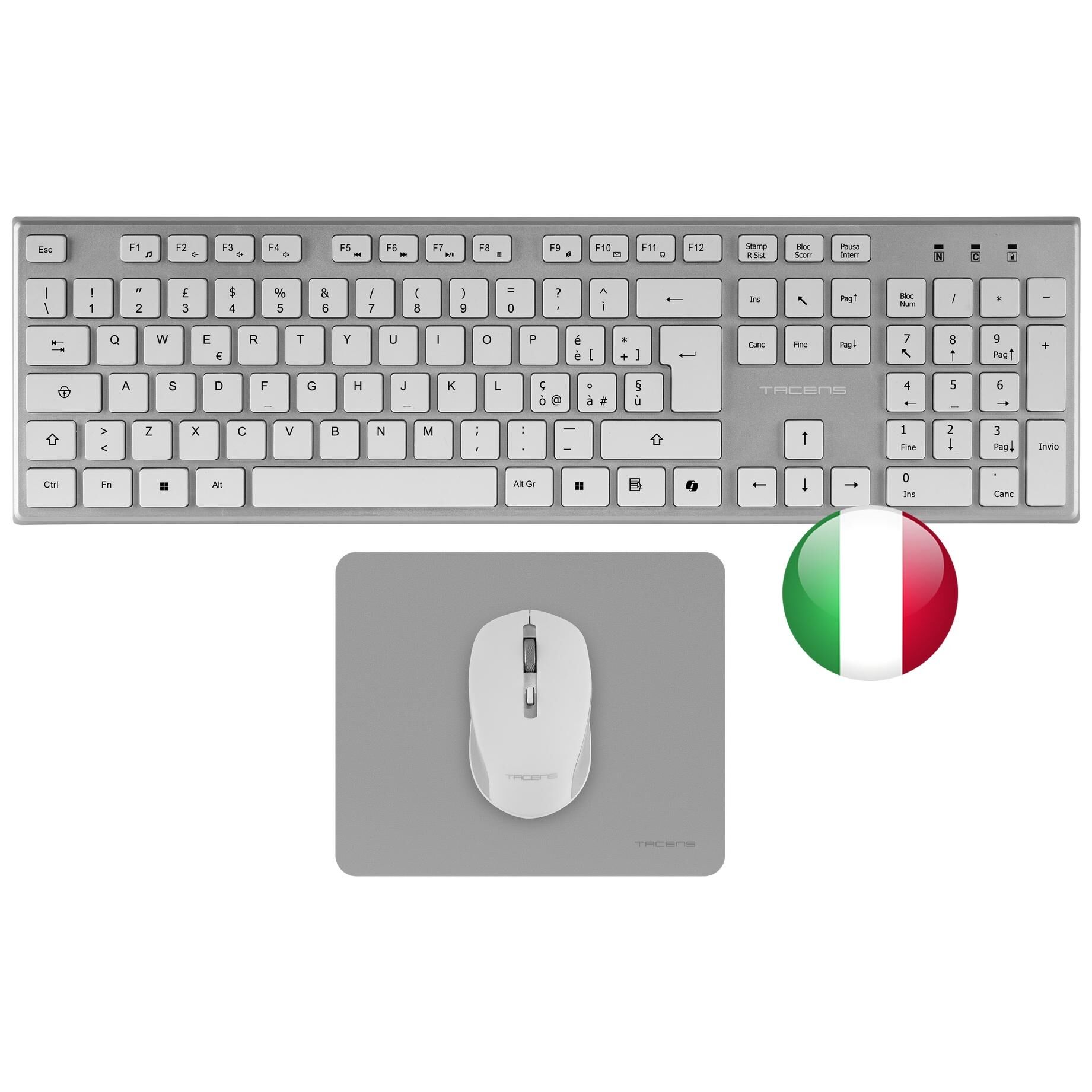 Tacens 6ZENITHWIT Wireless Home/Office Keyboard and Mouse Set, QWERTY Layout, Silver and White