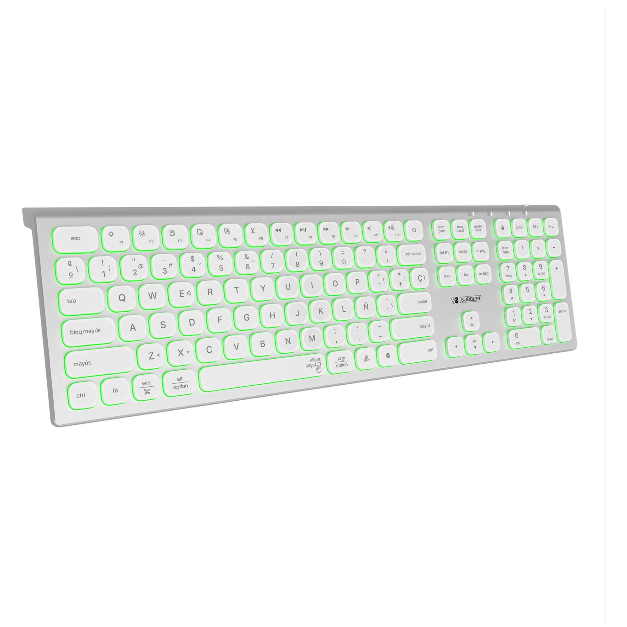 Subblim Universal RF Wireless + Bluetooth Keyboard QWERTY Spanish Silver, White